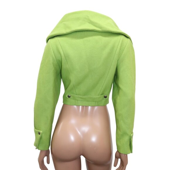 Vintage 80s SANTANA Lime Green Crop Jacket Oversized Collar Zip Front M - Picture 2 of 9